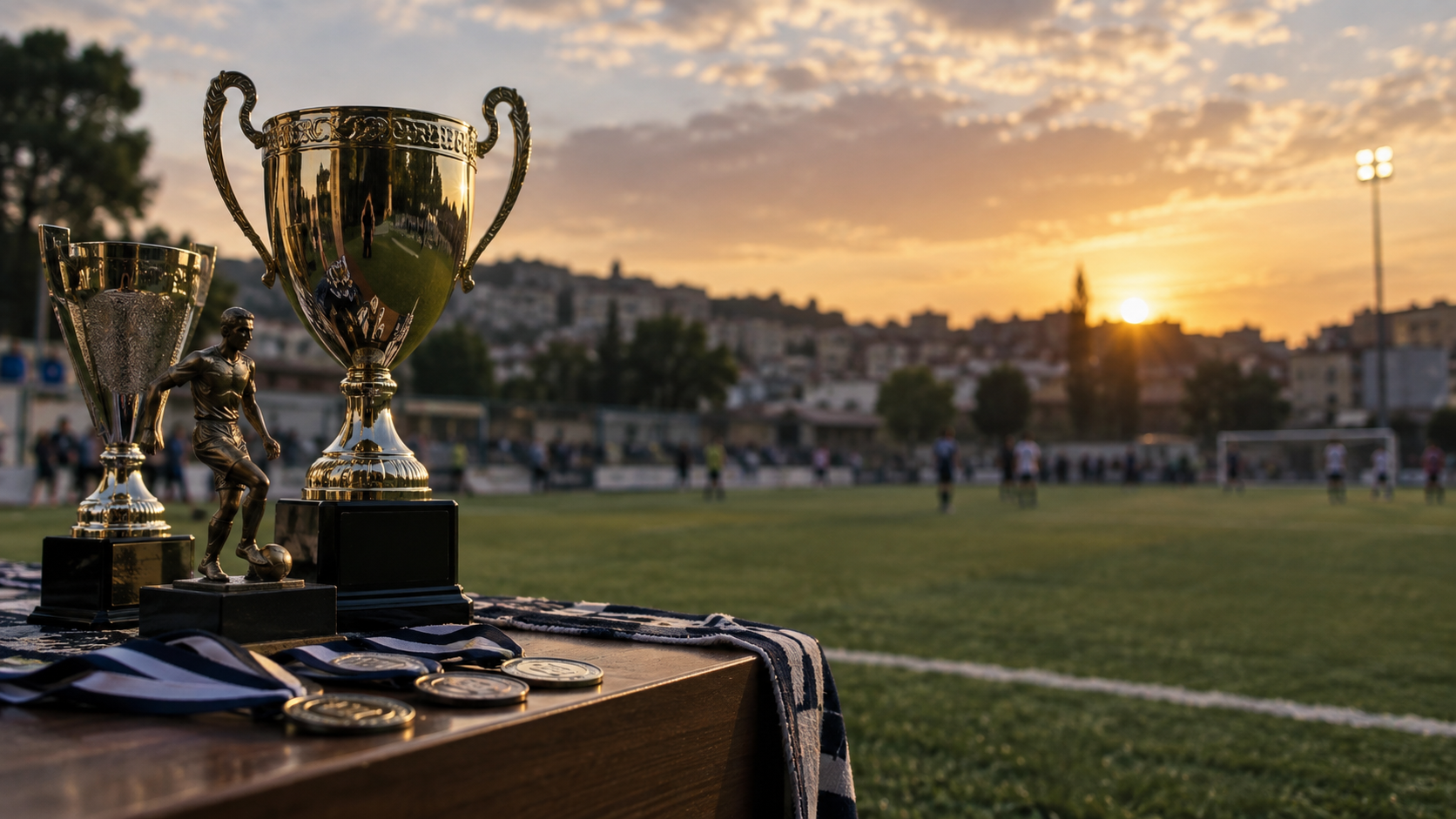 Trofeos de fútbol junto a una cancha al atardecer