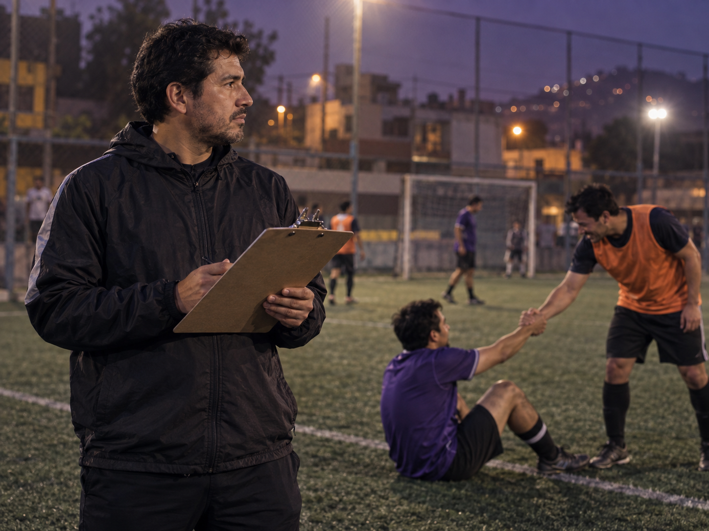Un encargado registra el juego mientras un jugador ayuda a un compañero a levantarse