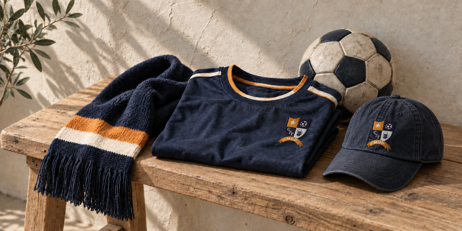 Camiseta, bufanda y gorra en tonos oscuros y naranjas junto a un balón de fútbol